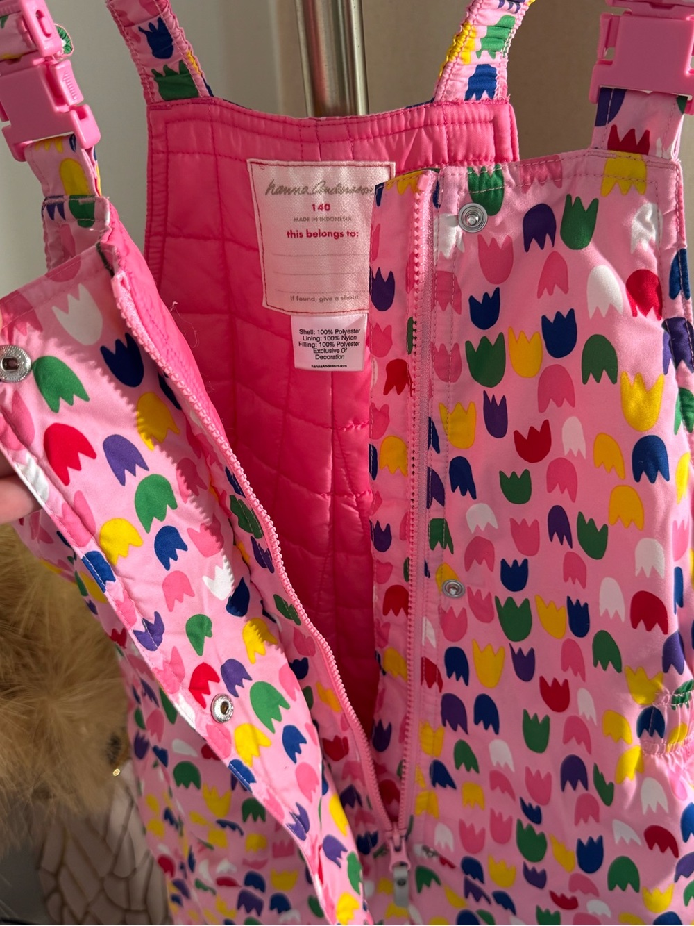 Hanna Andersson Kids Pink Tulip Waterproof Insulated Snow Bib Overalls - Picture 4 of 9